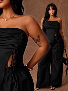 Rustia Plus Size Fashionable Jumpsuit, Sexy Bandeau Top + Casual Minimalist Straight Leg Pants Set, Suitable For Summer Daily Wear Gym Brown - Black - View 1