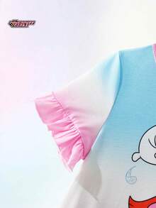 THE POWERPUFF GIRLS X SHEIN Maija Kids 少女休闲可爱IP合作款印花短袖睡裙，彩色扎染撞色荷叶边袖口 - 彩色 - 查看 5