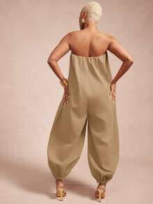 Vixey Solid Woven Strapless Balloon Hem Jumpsuit - Camel - View 3