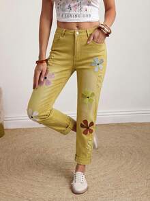 EMERY ROSE Plus Size High Stretch Floral Decorated Casual Jeans - Apricot - View 5