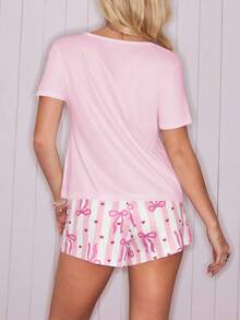 SweetSlumber Sweet Bow Striped Contrast Color Women Pajama Set - Pink - View 2