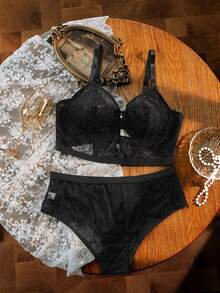 Divavoom 2pcs Plus Size Lace Contrast Mesh Bra Set With Underwire - Black - View 3