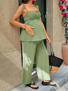SHEIN Maternity Summer Vacation Solid Color Camisole And Pants 2 Pieces Set - Army Green - View 7
