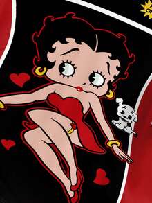 Attitoon Betty Boop x SHEIN 休闲简约运动街头风百搭派对机场穿搭，黑色红色街头情书图案学院风印花，音乐节必备，夏季休闲宽松圆领短袖T恤（女款） - 彩色 - 查看 5