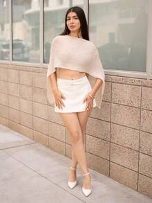 Andrea Bello 性感披肩斗篷百搭针织披肩细肩带 V 领不对称肩部设计上衣，度假风格 - 杏色 - 查看 4