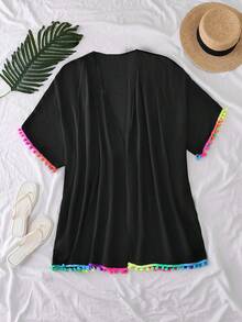 Swim Lushoire Plus Size Women Colorful Fringe & Pom Pom Decor Loose Thin Lightweight Beach Cover-Up Kimono For Summer Beach Vacation - Black - View 6