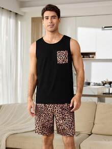CoupledUp Bộ đồ ngủ nam in họa tiết da báo gồm áo không tay và quần short có túi, kiểu dáng thường ngày. - màu đen - Xem 2