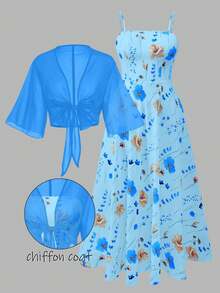 Franclia Bộ váy voan họa tiết hoa nhí dành cho nữ cỡ lớn, kèm áo khoác cardigan thanh lịch, thích hợp cho mùa hè. - Màu xanh lam - Xem 1