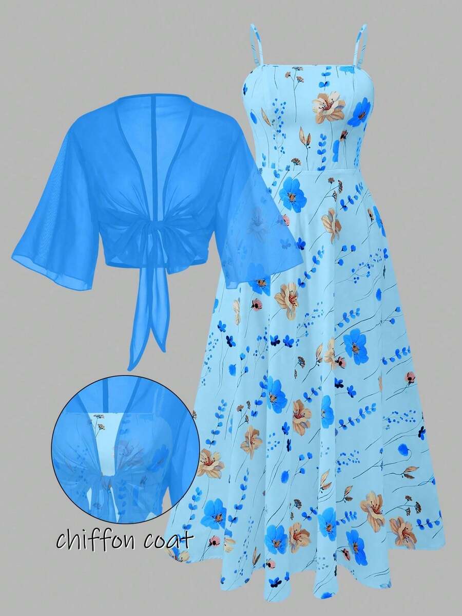 Franclia Bộ váy voan họa tiết hoa nhí dành cho nữ cỡ lớn, kèm áo khoác cardigan thanh lịch, thích hợp cho mùa hè. - Màu xanh lam - Xem 1