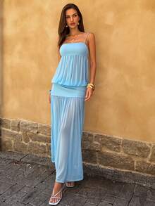 SHEIN BAE Women's Elegant Long Dress, Suitable For Beach Vacation, Elegant Outings, Beach Occasions, Blue Dress, Spaghetti Strap Blue Mesh Dress - Blue and White - View 8