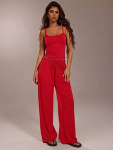 Avantive Women's Solid Color Camisole Top And Pants Casual Outfit,Summer Outfits For Women - Red - View 5