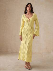 Anewsta Solid Color Sexy Hollow Wave Flare Sleeve Beach Dress - Pale Yellow - View 8