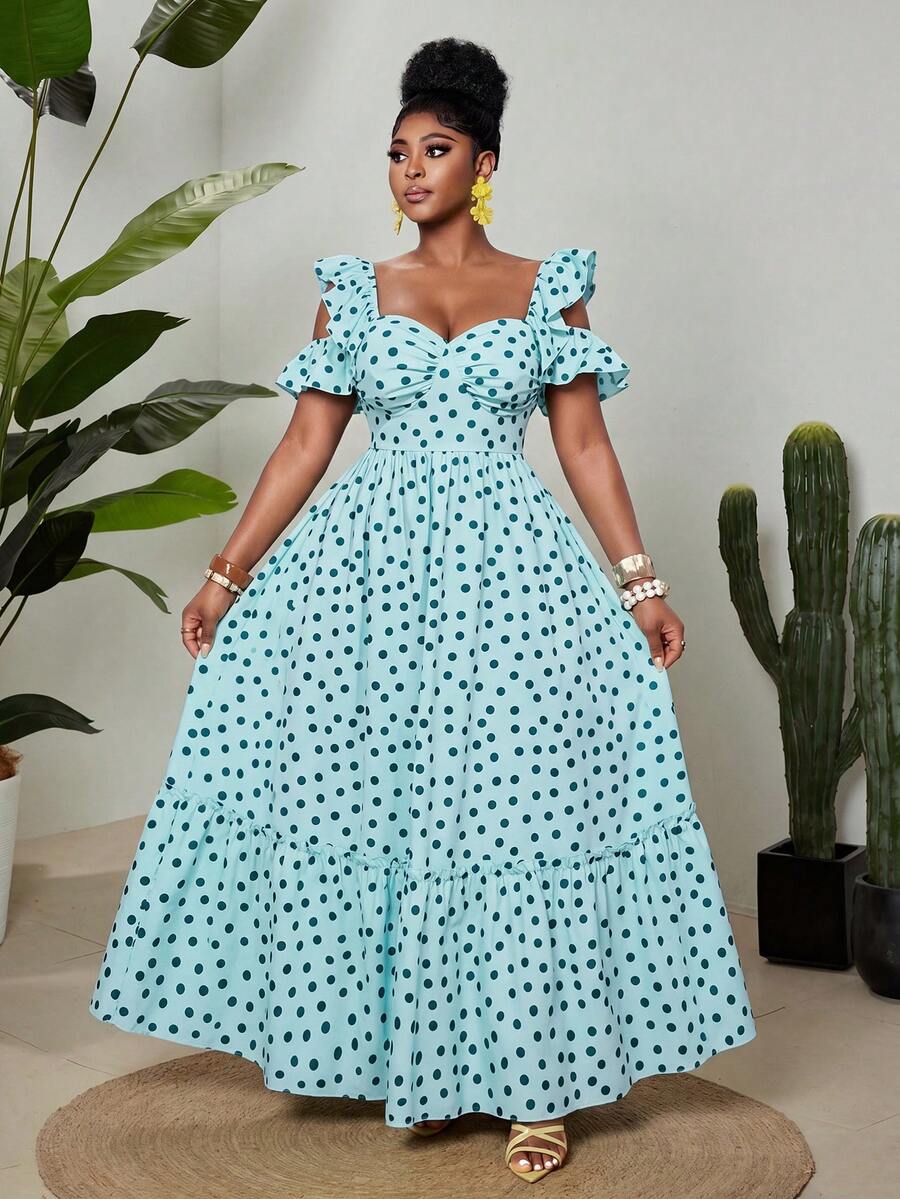 Maweii 大码女装春夏新款轻盈薄荷绿波点荷叶边吊带连衣裙，收腰双层荷叶边下摆长款连衣裙。适合浪漫假期、度假、聚会、约会、婚礼季以及作为引人注目的宾客装扮：度假风服装 - 彩色 - 查看 1