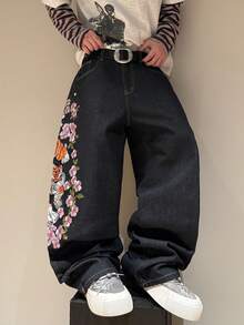 STEELVANCE Vintage Streetwear Embroidered Loose Straight Leg Casual Jeans, Versatile Daily Wear Plus Size - Black - View 6