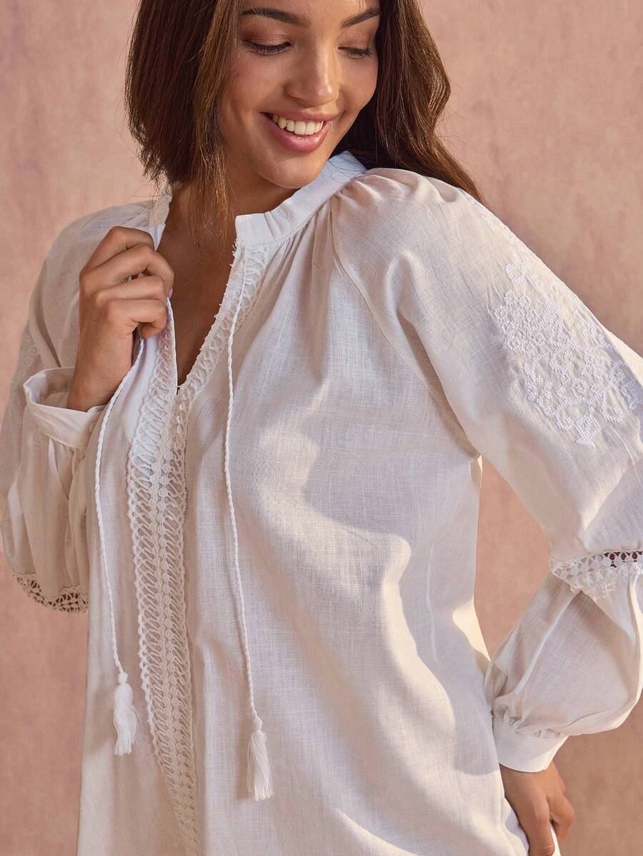 Women Boho Embroidery Detailed Blouses - White - View 1