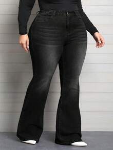 SHEIN CURVE+ Jeans évasés en jean décontracté polyvalent avec poches pour femmes grandes tailles - Noir - Voir 5