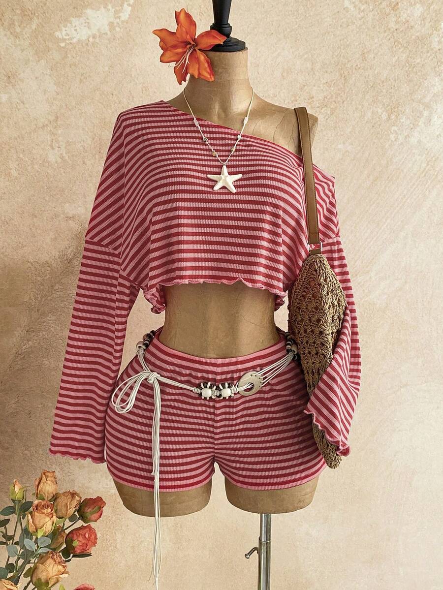 Soleia Women's Striped Asymmetrical Shoulder Long Sleeve Cropped T-Shirt And Shorts 2-Piece Set - Red - View 1