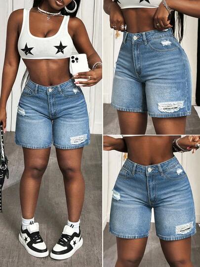 SHEIN CURVE+ Quần jean lửng ống đứng không co giãn dành cho nữ cỡ lớn, quần short denim cơ bản, quần ống rộng cạp cao rách màu xanh nhạt dáng suông, quần casual.