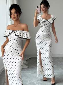 Elenzga Đầm nữ mùa hè màu đen chấm bi, chất liệu vải, xếp ly, viền ren, thiết kế xẻ tà, thanh lịch, thích hợp làm quà sinh nhật, hẹn hò, dự tiệc, ngày Valentine, lễ hội, du lịch, đi biển, phong cách đường phố, trang phục mùa hè, đầm hè, hàng mới về, sản phẩm thời trang, thiết kế độc đáo, đa năng. - Màu be - Xem 1