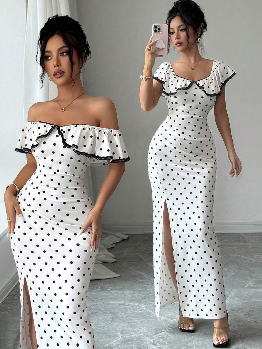 Elenzga Đầm nữ mùa hè màu đen chấm bi, chất liệu vải, xếp ly, viền ren, thiết kế xẻ tà, thanh lịch, thích hợp làm quà sinh nhật, hẹn hò, dự tiệc, ngày Valentine, lễ hội, du lịch, đi biển, phong cách đường phố, trang phục mùa hè, đầm hè, hàng mới về, sản phẩm thời trang, thiết kế độc đáo, đa năng. - Màu be - Xem 1