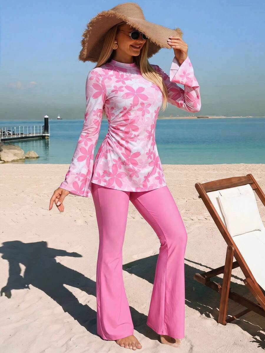 Swim Mulvari Bộ Burkini dài tay ống rộng màu hồng và tím ombre dành cho nữ, thích hợp cho kỳ nghỉ hè ở bãi biển, mã 26SS.