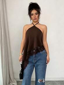GlowEve Áo hai dây nữ mùa hè mới, áo hai dây màu đen, cổ yếm buộc dây, viền ren bất đối xứng, áo hai dây gợi cảm dành cho nữ, áo hai dây ôm sát hở lưng sang trọng với ren trang trí, áo không tay gợi cảm, phù hợp cho tiệc tùng, cocktail, các dịp trang trọng và công sở thường ngày, trang phục đi biển dành cho nữ. - màu nâu - Xem 6