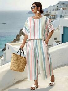 Parysyn Plus Size Woven Printed Casual Resort Summer Women's Two Pieces Set - Multicolor - View 1
