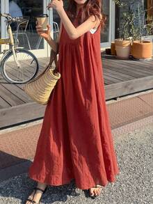 FRIFUL 女款純色缺口領無袖連身裙 夏季陽光裙 - 紅色 - 查看 8