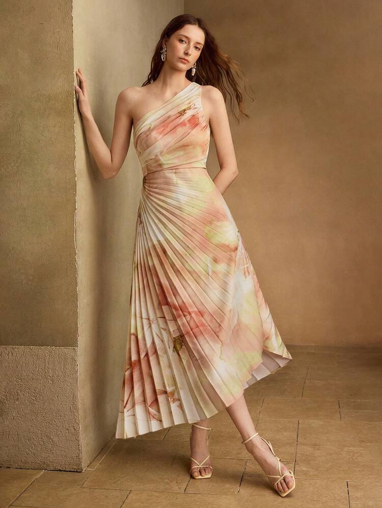 WOMEN'S PLEATED FLORAL PRINT ROMANTIC DATE DRESS, SPRING/SUMMER