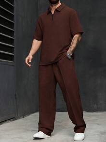 Manfinity Homme Plus Size Men's Solid Color Polo Shirt With Drawstring And Pants Casual Commuter Suit - Brown - View 3