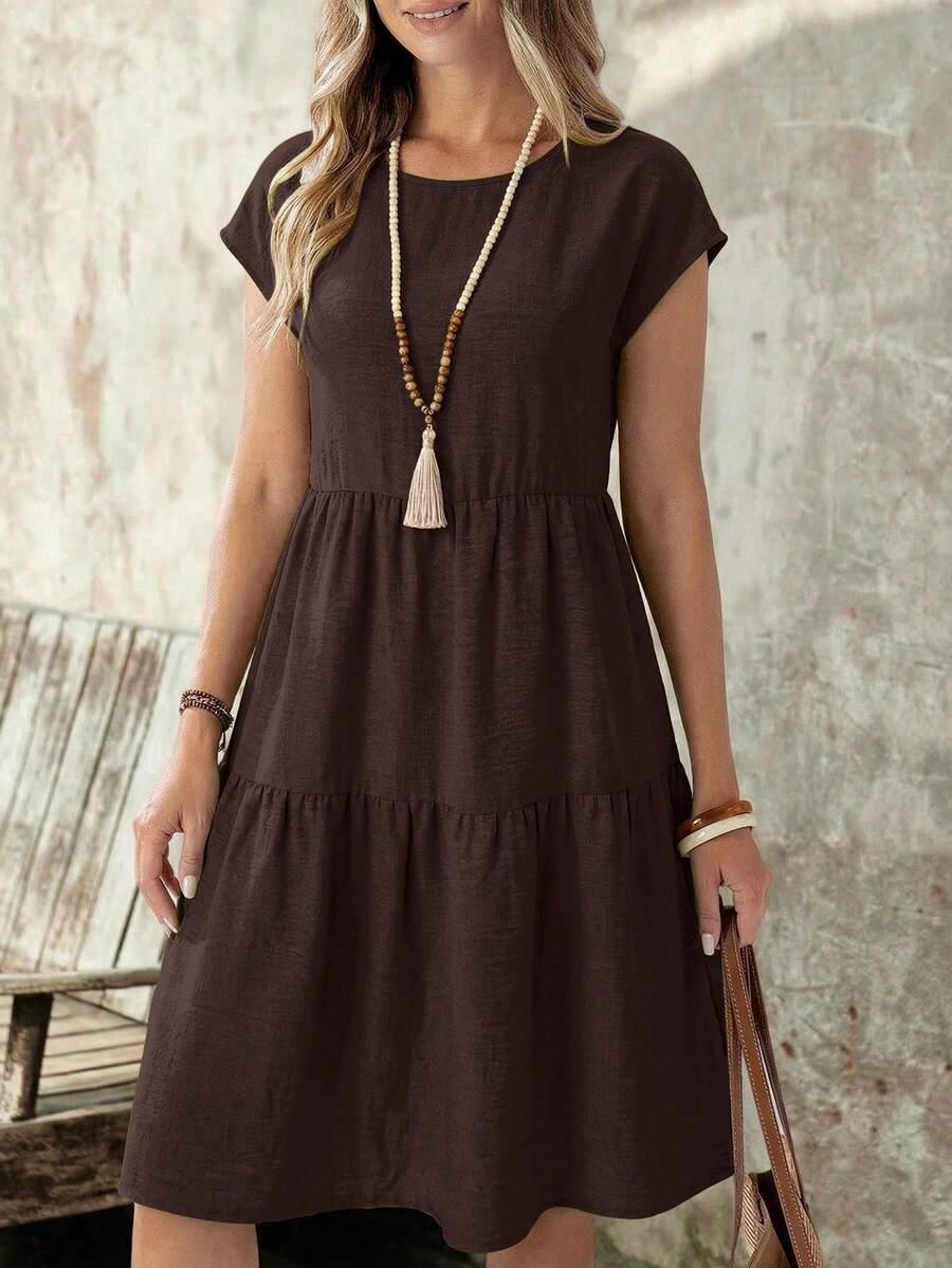 EMERY ROSE Vestido casual de mujer de manga corta, cuello redondo y longitud media, con apariencia de lino verde, para primavera/verano - Marrón Chocolate - Ver 1