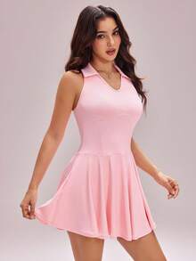 Sovereign Charm Women's Sleeveless Polo Collar Fitted Light Pink Tennis Dress,Summer Cute Golf Workout Clothes With Phone Pocket Shorts,Slim Fit Casual Sports Dress - Pink - View 5
