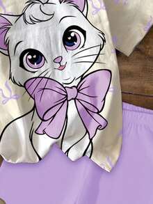 两件套女童休闲可爱蝴蝶结猫咪印花套装，甜美时尚芭蕾风，奶油紫色，公主范儿，淑女气质，圆领短袖T恤搭配紧身打底裤，适合春夏秋冬日常穿着，户外活动，情人节，Y2K风格，可爱，儿童舒适，儿童日常时尚，儿童秋季时尚，秋季新款，花开时尚，女婴服装，粉色，度假 - 彩色 - 查看 6