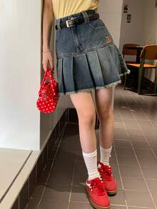 DAZY Chân váy denim nữ kiểu dáng thường ngày có túi và viền bèo nhún. - Màu xanh lam - Xem 5