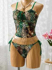 Bellisia 女士两件套性感随机花卉动物印花系带吊带背心和侧系带三角比基尼泳衣套装，夏季 - 彩色 - 查看 4