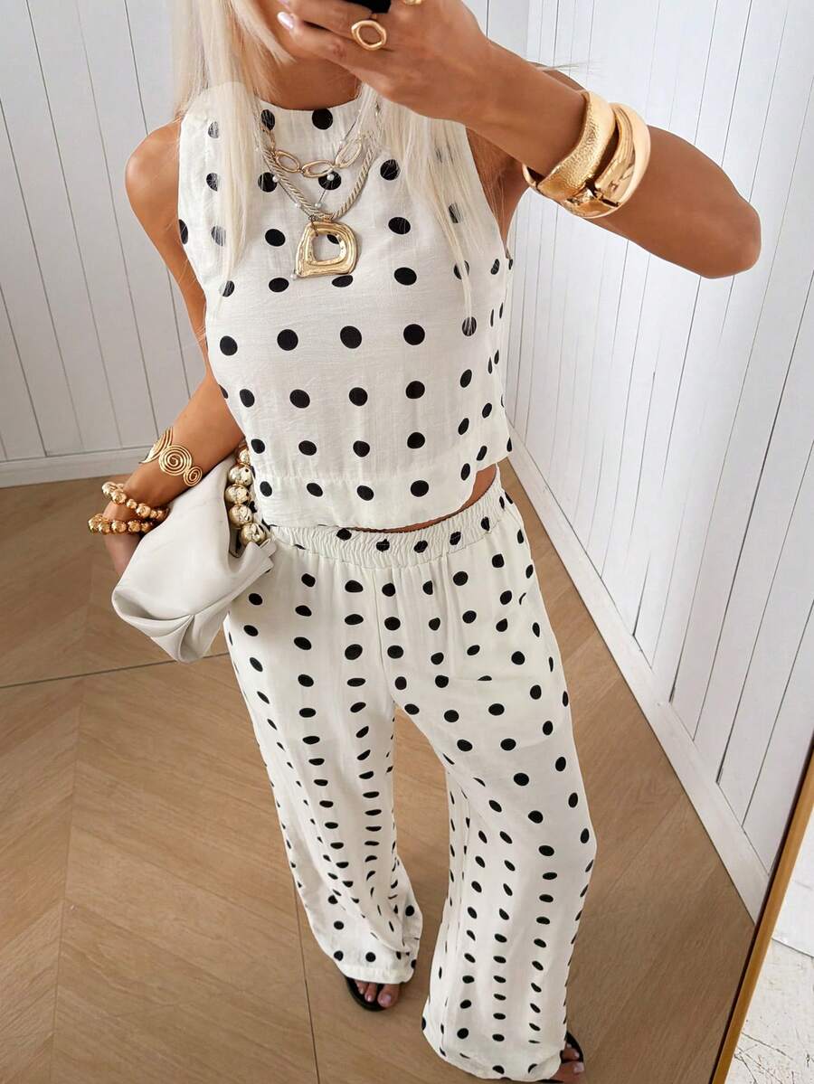 SHEIN EZwear 白色背景黑色波点女士圆领背心和裤子休闲度假套装 - 白色 - 查看 1