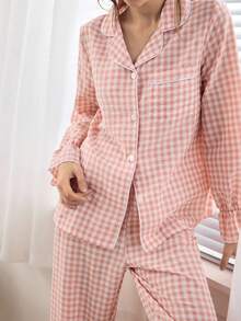 Ocili 波西米亚风印花棉质灯笼袖上衣和裤子女士睡衣套装，秋冬服装 - 粉色 - 查看 3