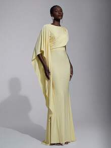 Elitara Elegant Luxurious Satin Ruffle Sleeve Decor Sexy Slit Fishtail Bridesmaid Dress - Yellow - View 6
