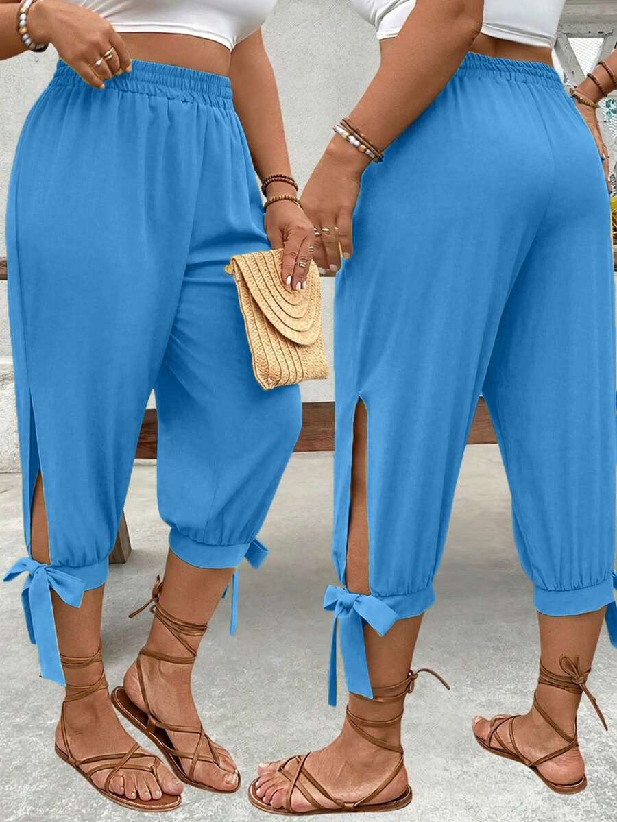 Breezaya Plus Size High Waist Drawstring 7/8 Pants, Spring/Summer - Blue - View 1