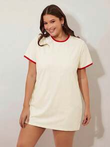 SHEIN BASICS Đầm thun tay ngắn cổ tròn dáng suông dành cho nữ cỡ lớn - Đỏ - Xem 3