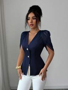 SHEIN Elenzya 女士优雅浪漫修身西装外套，V领设计，褶裥收腰 - 藏蓝色 - 查看 3