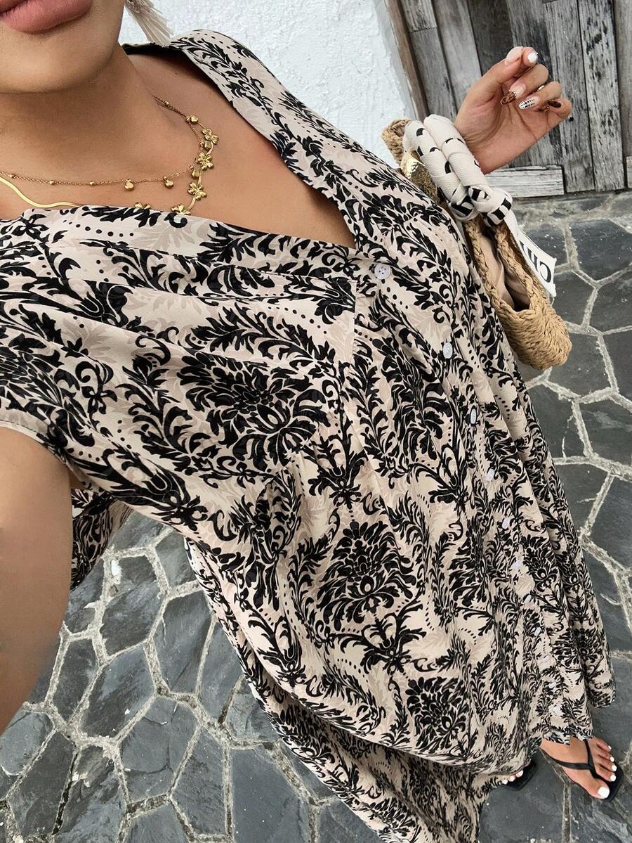 Dazy Plus 印花V领宽松日式短袖叠层长款连衣裙,休闲加大码女式春夏连衣裙 - 杏色 - 查看 1