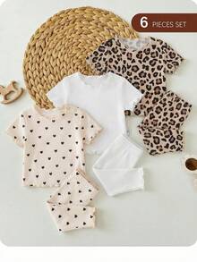 SHEIN 新生女宝宝可爱简约爱心图案荷叶边圆领短袖长裤针织睡衣套装，6件套 - 彩色 - 查看 5