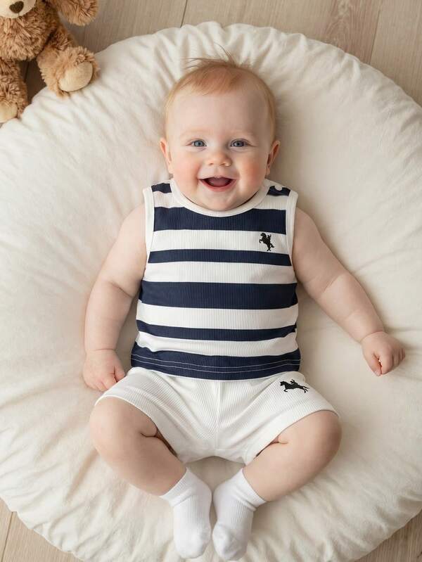 SHEIN 新生儿夏季男宝宝无袖短裤套装，白色，纹理面料，弹力，条纹印花，趣味精致图案，柔软舒适面料，套头款式，2026时尚服饰