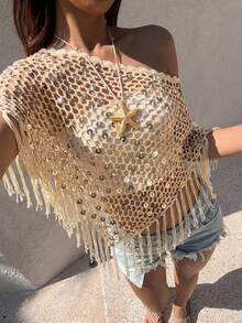 Selianne 女士休闲度假手工亮片多功能流苏下摆针织上衣 - 杏色 - 查看 1