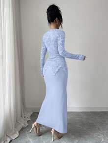 Modelyn Lace Patchwork Collared Button Waist Fitted Midi Dress For Women - Blue - View 2