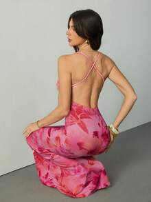 SHEIN Tall Đầm hoa in họa tiết, cổ khoét sâu, hở lưng, thích hợp cho kỳ nghỉ của nữ. - Nhiều màu - Xem 1