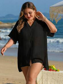 SHEIN Swim Lushore Áo kiểu dáng rộng rãi, thoải mái, cài cúc phía trước, màu trơn, gợi cảm, cỡ lớn. - màu đen - Xem 3