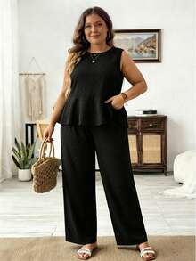 SHEIN LUNE Bộ 2 món dành cho nữ cỡ lớn, gồm áo tank top chấm bi có họa tiết, viền bèo nhún và quần ống rộng thoải mái. - màu đen - Xem 8
