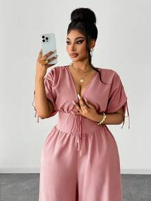 Maweii Mono elegante de manga corta con cuello en V y cordón ajustable para tallas grandes - Rosa vieja - Ver 3